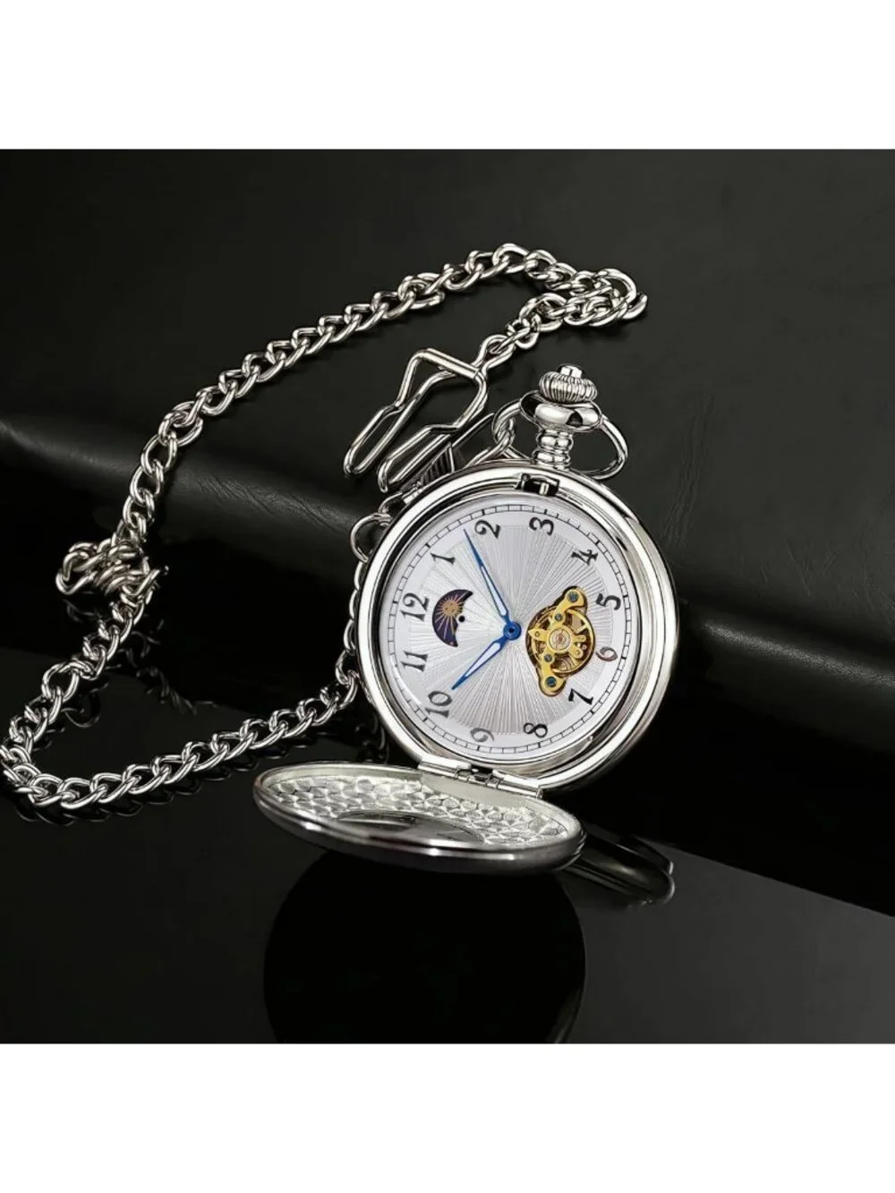 Vintage Mechanical Pocket Watch for Men - Moon Phase, Skeleton Face, Antique